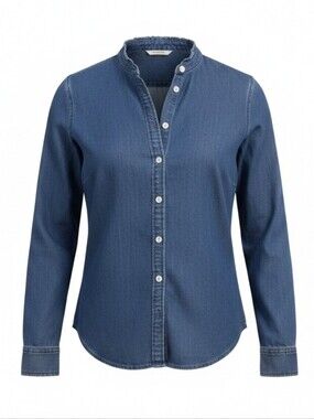 J. CREW | 100% COTTON DENIM RUFFLE NECK BUTTON DOWN BOYFRIEND SHIRT